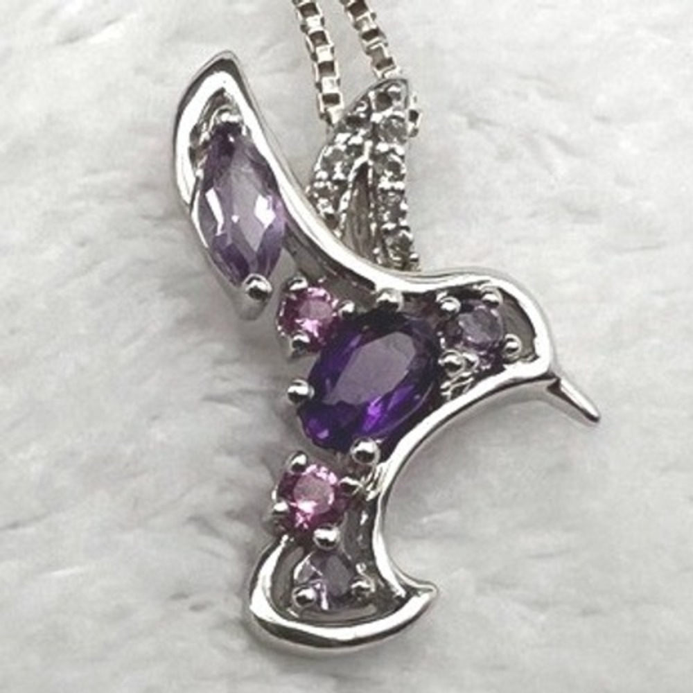 Sterling Silver Hummingbird Necklace Pendant Purple Pink White Stones Box Chain